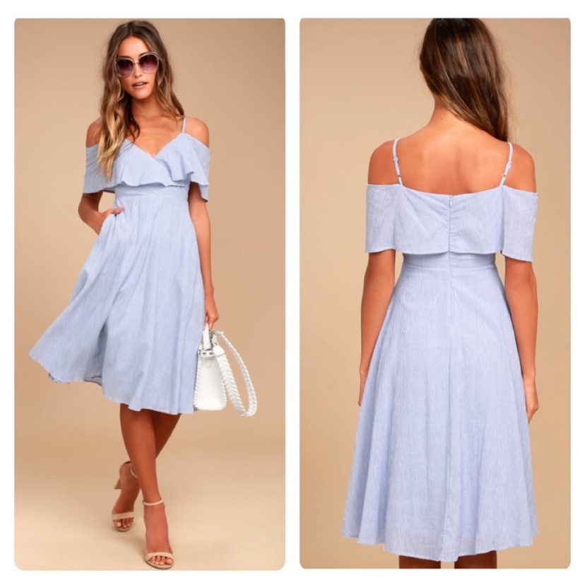 Cold-Shoulder Light Blue Midi Dress With Ruffle